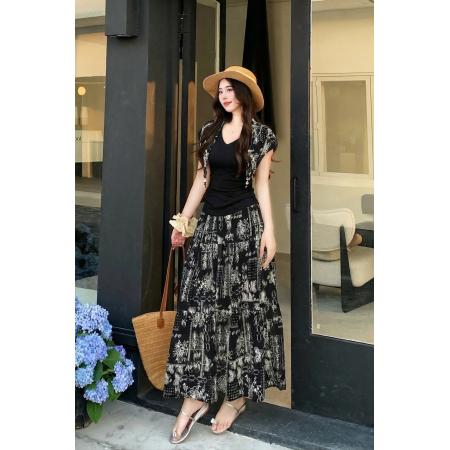 BY13091# 大码百搭针织显瘦短袖上衣＋设计感波西米亚风高腰显瘦半裙 服裝批發女裝批發服飾貨源