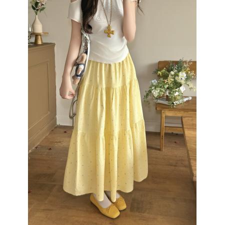 BY13092# 春夏新胖mm鹅黄色碎花半身裙时尚百搭显白显瘦半身裙 服裝批發女裝批發服飾貨源