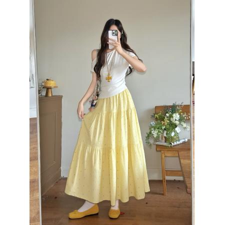 BY13092# 春夏新胖mm鹅黄色碎花半身裙时尚百搭显白显瘦半身裙 服裝批發女裝批發服飾貨源