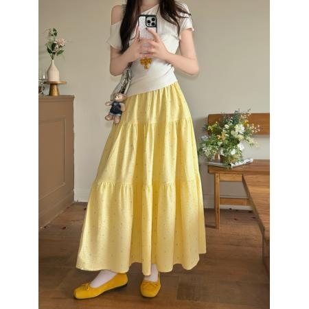 BY13092# 春夏新胖mm鹅黄色碎花半身裙时尚百搭显白显瘦半身裙 服裝批發女裝批發服飾貨源