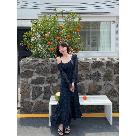 BY13093# 春夏季胖mm新法式复古气质波点露肩吊带不规则茶歇长裙 服裝批發女裝批發服飾貨源