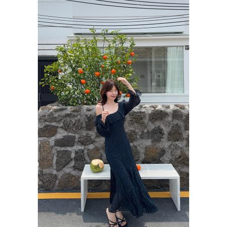 BY13093# 春夏季胖mm新法式复古气质波点露肩吊带不规则茶歇长裙 服裝批發女裝批發服飾貨源