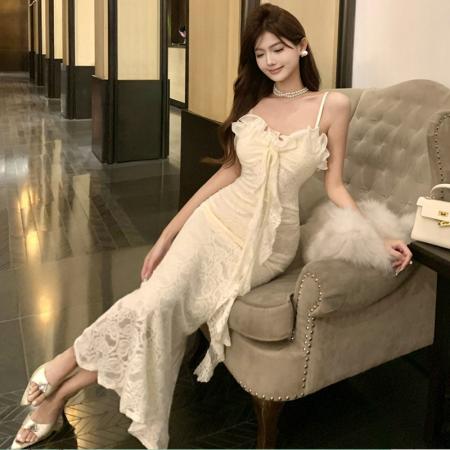 BY13097# 法式名媛复古蕾丝拼接花边连衣裙优雅夏季吊带修身显瘦鱼尾裙 服裝批發女裝批發服飾貨源