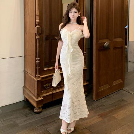 BY13097# 法式名媛复古蕾丝拼接花边连衣裙优雅夏季吊带修身显瘦鱼尾裙 服裝批發女裝批發服飾貨源