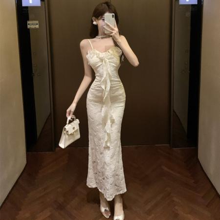 BY13097# 法式名媛复古蕾丝拼接花边连衣裙优雅夏季吊带修身显瘦鱼尾裙 服裝批發女裝批發服飾貨源