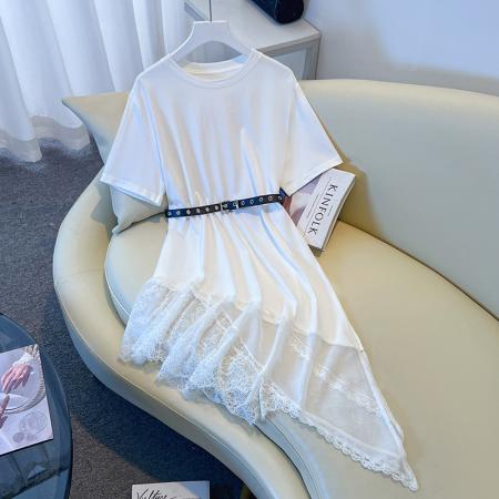 BY13103# +新款中长款显瘦短袖T恤女高级感显拼接瘦蕾丝上衣拼接送皮带 服裝批發女裝批發服飾貨源