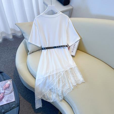 BY13103# +新款中长款显瘦短袖T恤女高级感显拼接瘦蕾丝上衣拼接送皮带 服裝批發女裝批發服飾貨源