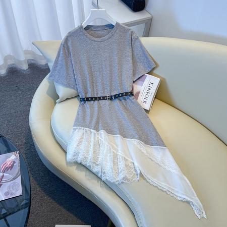 BY13103# +新款中长款显瘦短袖T恤女高级感显拼接瘦蕾丝上衣拼接送皮带 服裝批發女裝批發服飾貨源