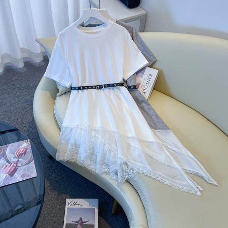 BY13103# +新款中长款显瘦短袖T恤女高级感显拼接瘦蕾丝上衣拼接送皮带 服裝批發女裝批發服飾貨源