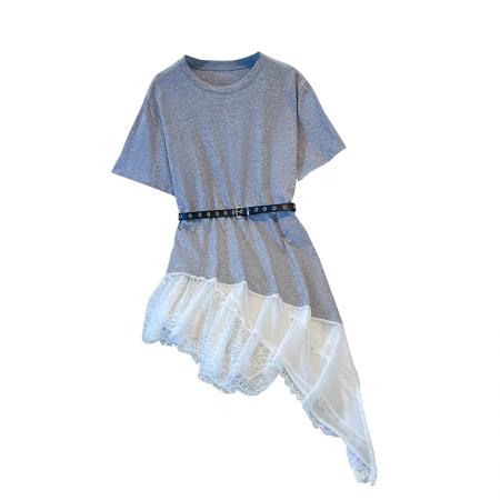 BY13103# +新款中长款显瘦短袖T恤女高级感显拼接瘦蕾丝上衣拼接送皮带 服裝批發女裝批發服飾貨源