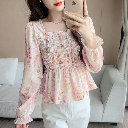 BY13104# +修身显瘦方领泡泡袖碎花小衫秋季洋小个子气质雪纺长袖上衣 服裝批發女裝批發服飾貨源