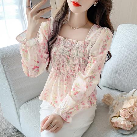 BY13104# +修身显瘦方领泡泡袖碎花小衫秋季洋小个子气质雪纺长袖上衣 服裝批發女裝批發服飾貨源