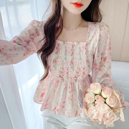 BY13104# +修身显瘦方领泡泡袖碎花小衫秋季洋小个子气质雪纺长袖上衣 服裝批發女裝批發服飾貨源