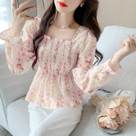 BY13104# +修身显瘦方领泡泡袖碎花小衫秋季洋小个子气质雪纺长袖上衣 服裝批發女裝批發服飾貨源