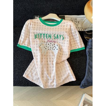 BY13105# 蕾丝泡泡袖T恤女夏季新款小众时尚短袖印花上衣减龄洋气小衫 服裝批發女裝批發服飾貨源