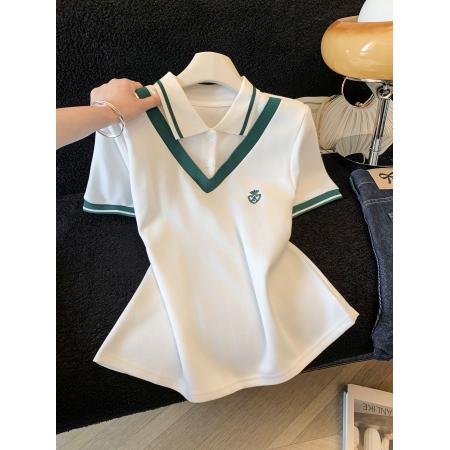 BY13106# 夏季新款短款polo衫刺绣字母设计感小众翻领上衣短袖t恤女 服裝批發女裝批發服飾貨源
