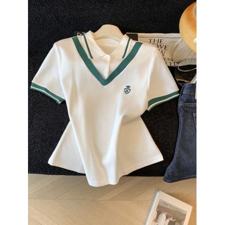 BY13106# 夏季新款短款polo衫刺绣字母设计感小众翻领上衣短袖t恤女 服裝批發女裝批發服飾貨源