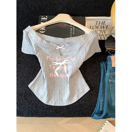 BY13107# 美式复古辣妹设计感一字肩短袖t恤女露肩绝美别致性感紧身打底衫 服裝批發女裝批發服飾貨源