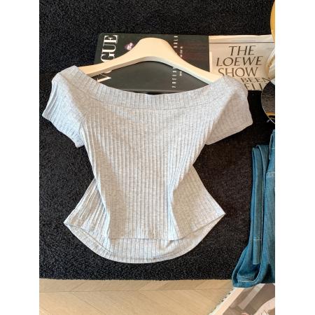 BY13107# 美式复古辣妹设计感一字肩短袖t恤女露肩绝美别致性感紧身打底衫 服裝批發女裝批發服飾貨源