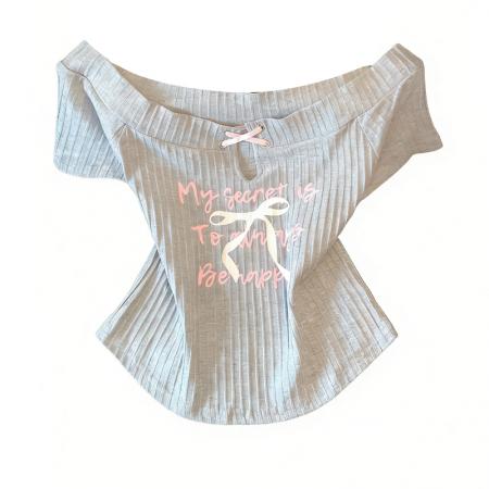 BY13107# 美式复古辣妹设计感一字肩短袖t恤女露肩绝美别致性感紧身打底衫 服裝批發女裝批發服飾貨源