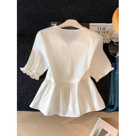 BY13109# 设计感小众衬衣夏季新款法式修身收腰木耳边短袖衬衫上衣女 服裝批發女裝批發服飾貨源