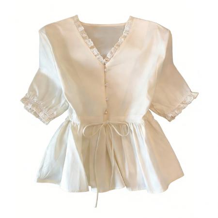 BY13109# 设计感小众衬衣夏季新款法式修身收腰木耳边短袖衬衫上衣女 服裝批發女裝批發服飾貨源