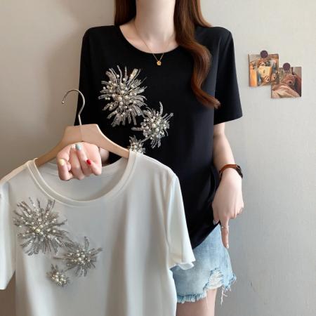 BY13111# 夏季新款大码女装时尚宽松显瘦重工钉珠百搭弹力T恤上衣 服裝批發女裝批發服飾貨源