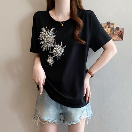 BY13111# 夏季新款大码女装时尚宽松显瘦重工钉珠百搭弹力T恤上衣 服裝批發女裝批發服飾貨源