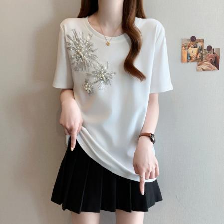 BY13111# 夏季新款大码女装时尚宽松显瘦重工钉珠百搭弹力T恤上衣 服裝批發女裝批發服飾貨源