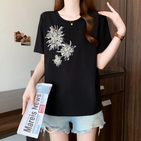 BY13111# 夏季新款大码女装时尚宽松显瘦重工钉珠百搭弹力T恤上衣 服裝批發女裝批發服飾貨源