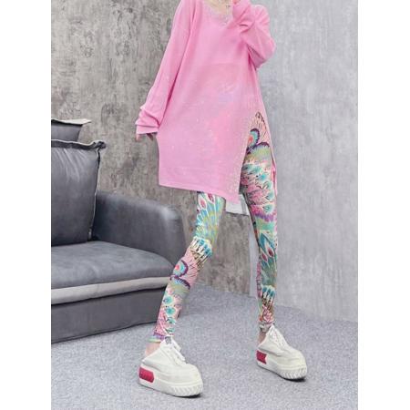 BY13114# 95涤纶夏季松紧腰网纱花色打底裤外穿女弹力防晒裤小脚裤九分裤 服裝批發女裝批發服飾貨源