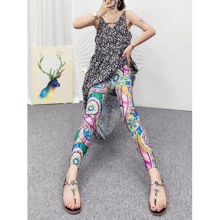 BY13114# 95涤纶夏季松紧腰网纱花色打底裤外穿女弹力防晒裤小脚裤九分裤 服裝批發女裝批發服飾貨源