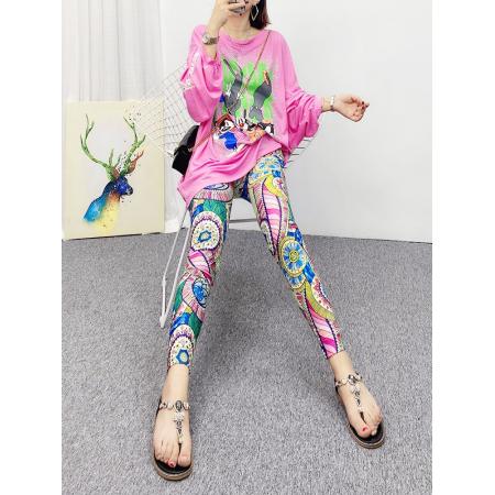 BY13114# 95涤纶夏季松紧腰网纱花色打底裤外穿女弹力防晒裤小脚裤九分裤 服裝批發女裝批發服飾貨源