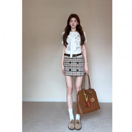 BY13117# 韩系甜美针织短袖T恤上衣春季新款高腰格纹半身裙套装 服裝批發女裝批發服飾貨源