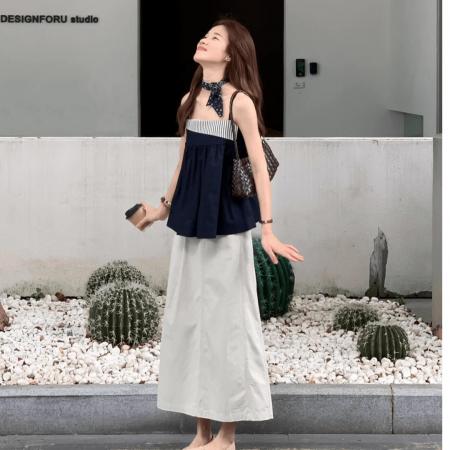 BY13118# 法式撞色条纹拼接无袖吊带背心女夏季新款半身裙两件套装 服裝批發女裝批發服飾貨源