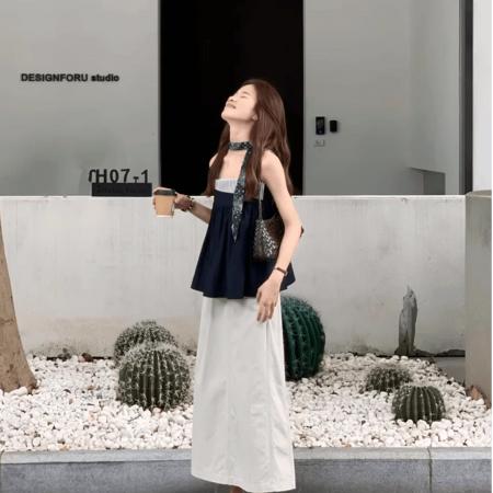 BY13118# 法式撞色条纹拼接无袖吊带背心女夏季新款半身裙两件套装 服裝批發女裝批發服飾貨源