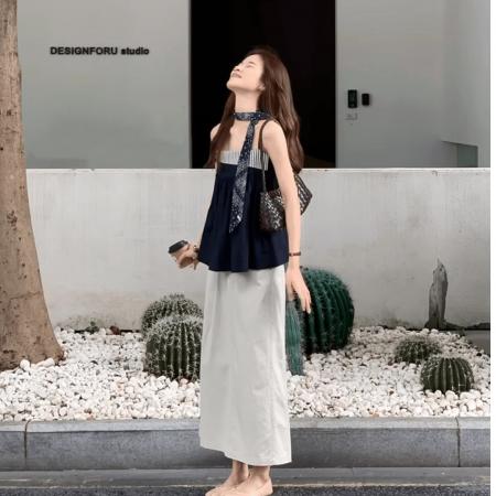 BY13118# 法式撞色条纹拼接无袖吊带背心女夏季新款半身裙两件套装 服裝批發女裝批發服飾貨源