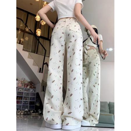 BY13119# 高腰白色小熊印花牛仔裤女夏夏季设计感小众直筒阔腿拖地裤子 服裝批發女裝批發服飾貨源