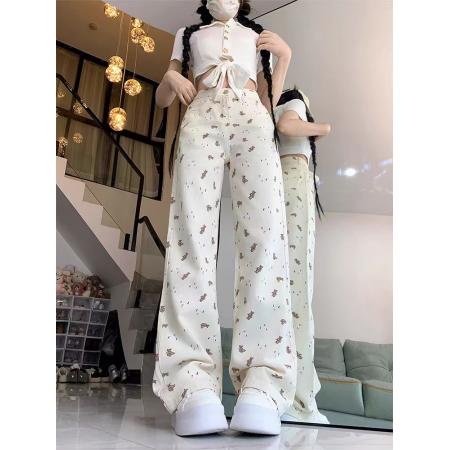 BY13119# 高腰白色小熊印花牛仔裤女夏夏季设计感小众直筒阔腿拖地裤子 服裝批發女裝批發服飾貨源