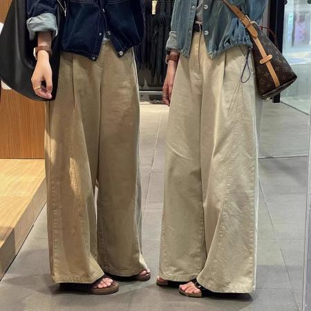 BY13121# 水洗棉高腰显瘦休闲裤女秋季百搭直筒阔腿拖地裤 服裝批發女裝批發服飾貨源