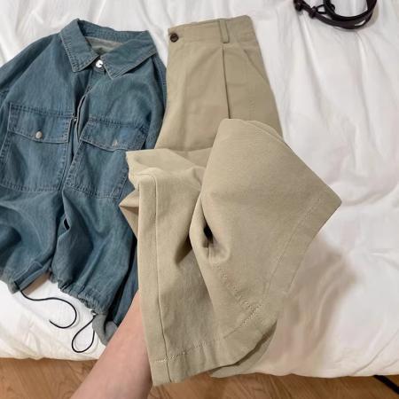 BY13121# 水洗棉高腰显瘦休闲裤女秋季百搭直筒阔腿拖地裤 服裝批發女裝批發服飾貨源