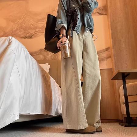 BY13121# 水洗棉高腰显瘦休闲裤女秋季百搭直筒阔腿拖地裤 服裝批發女裝批發服飾貨源