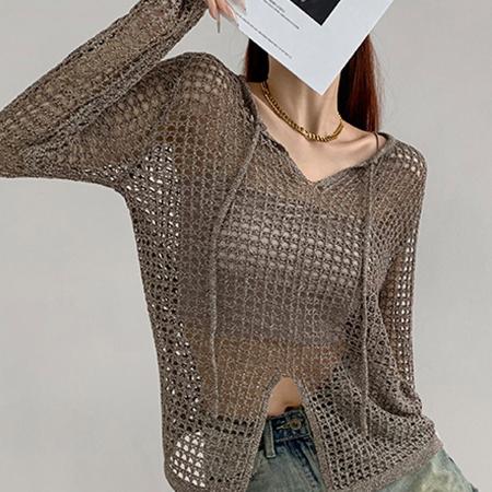 BY13125# 美式透视宽松镂空针织设计感长袖上衣女春夏新款开叉防晒网格罩衫 服裝批發女裝批發服飾貨源