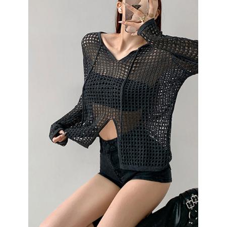 BY13125# 美式透视宽松镂空针织设计感长袖上衣女春夏新款开叉防晒网格罩衫 服裝批發女裝批發服飾貨源