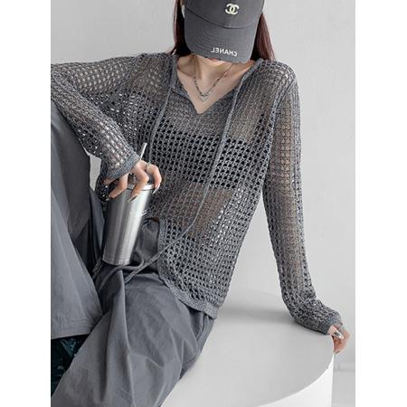 BY13125# 美式透视宽松镂空针织设计感长袖上衣女春夏新款开叉防晒网格罩衫 服裝批發女裝批發服飾貨源