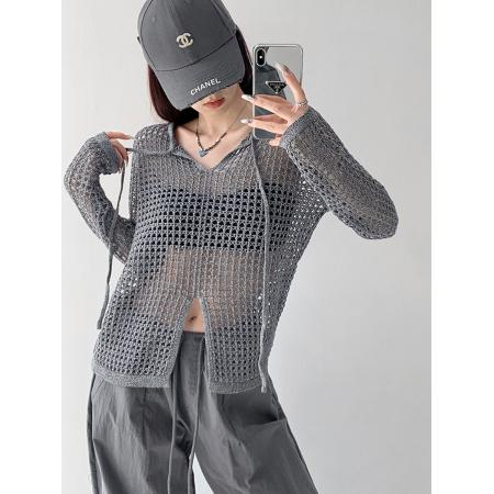 BY13125# 美式透视宽松镂空针织设计感长袖上衣女春夏新款开叉防晒网格罩衫 服裝批發女裝批發服飾貨源