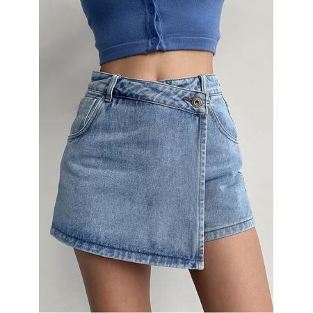 BY13126# 不规则牛仔半身裙女夏季高腰大码胖MM显瘦防走光辣妹a字短裤裙子 服裝批發女裝批發服飾貨源
