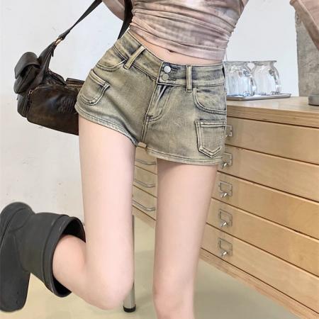 BY13127# 黄泥美式牛仔短裤女夏高腰辣妹小个子设计感口袋拉链包臀a字热裤 服裝批發女裝批發服飾貨源