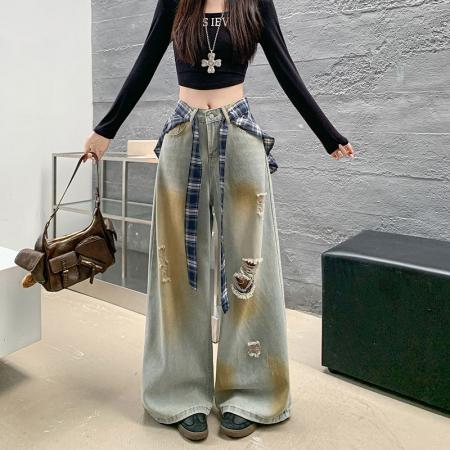 BY13128# 破洞牛仔裤女新款美式高街复古阔腿裤屁帘直筒垂感裤子 服裝批發女裝批發服飾貨源