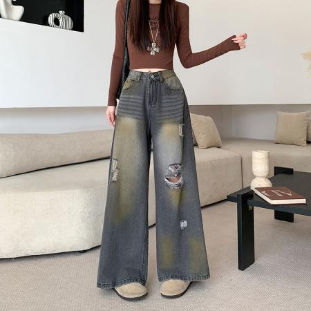 BY13128# 破洞牛仔裤女新款美式高街复古阔腿裤屁帘直筒垂感裤子 服裝批發女裝批發服飾貨源